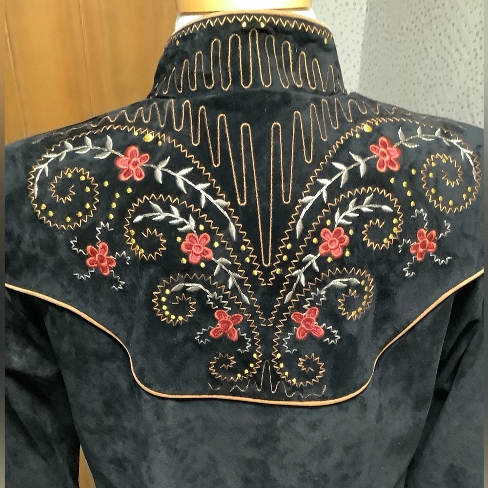 Scully Embroidered Black Genuine Leather Suede Cropped Western Jacket / Size 14 - Picture 3 of 7